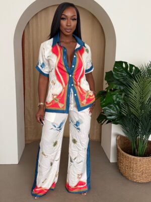 Crane & Nautical Print Shirt-Pant Set – Ivory Multi