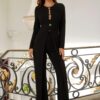 Long-Slit Jumpsuit with Animal-Print Button Accents