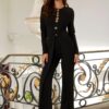 Long-Slit Jumpsuit with Animal-Print Button Accents