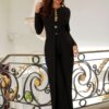 Long-Slit Jumpsuit with Animal-Print Button Accents