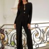 Long-Slit Jumpsuit with Animal-Print Button Accents