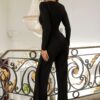 Long-Slit Jumpsuit with Animal-Print Button Accents