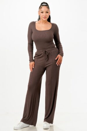 Ribbed Square-Neck Bodysuit & Wide-Leg Pants Set