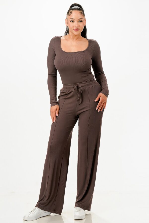 Ribbed Square-Neck Bodysuit & Wide-Leg Pants Set