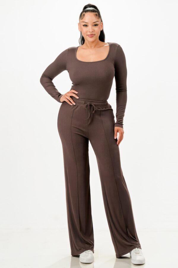 Ribbed Square-Neck Bodysuit & Wide-Leg Pants Set