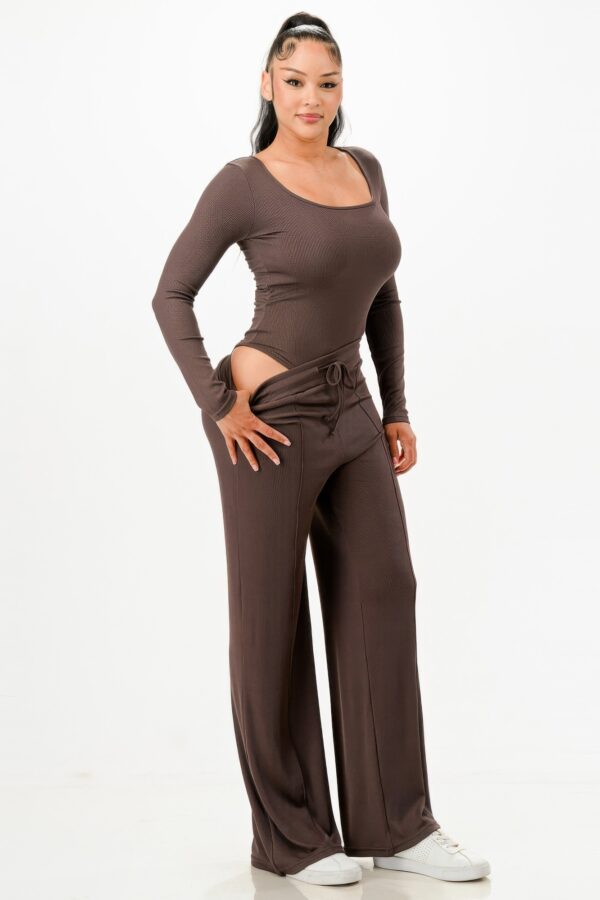 Ribbed Square-Neck Bodysuit & Wide-Leg Pants Set