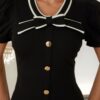 Short Button-Up Dress with Ribbon Bow Neckline