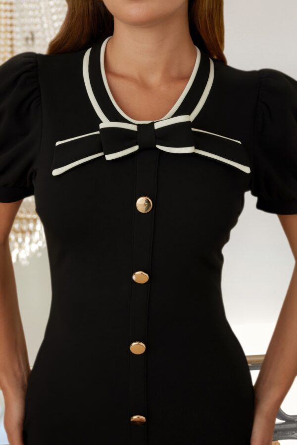Short Button-Up Dress with Ribbon Bow Neckline