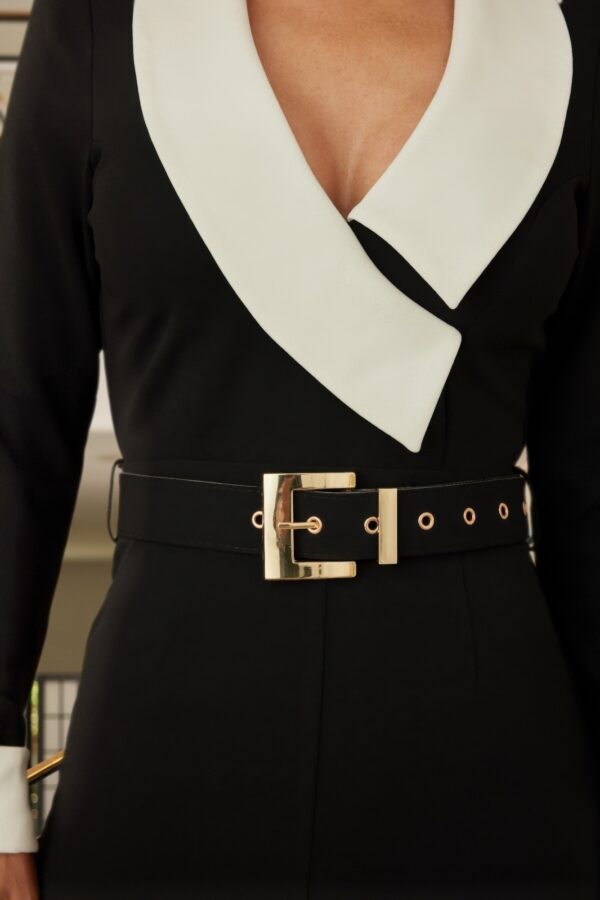 Contrast-Trim Long Sleeve Jumpsuit – Black/White
