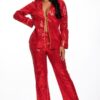 Sequin Collared Two-Piece Set with Contrast Trim