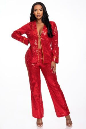 Sequin Collared Two-Piece Set with Contrast Trim