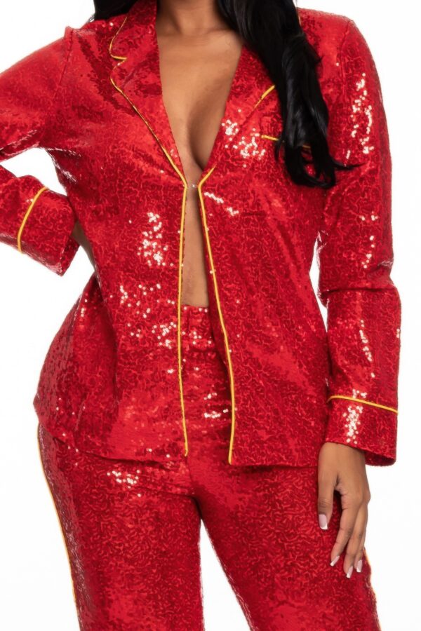 Sequin Collared Two-Piece Set with Contrast Trim