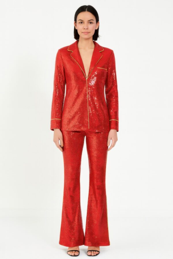 Sequin Collared Two-Piece Set with Contrast Trim