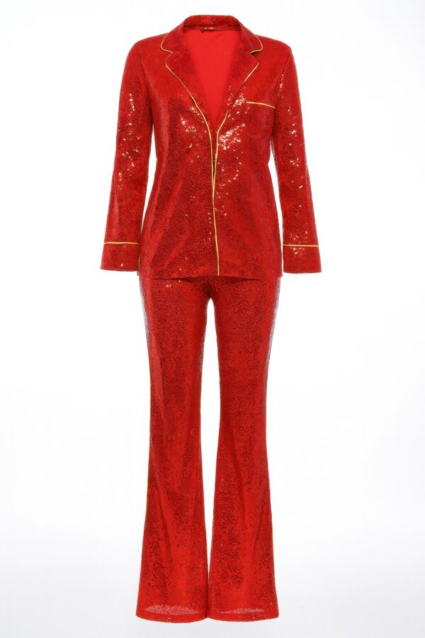 Sequin Collared Two-Piece Set with Contrast Trim