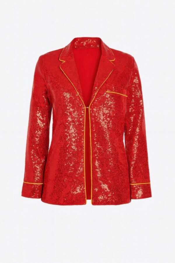 Sequin Collared Two-Piece Set with Contrast Trim