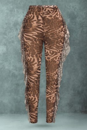 Slim High-Rise Leopard Marble Ruffle Pants