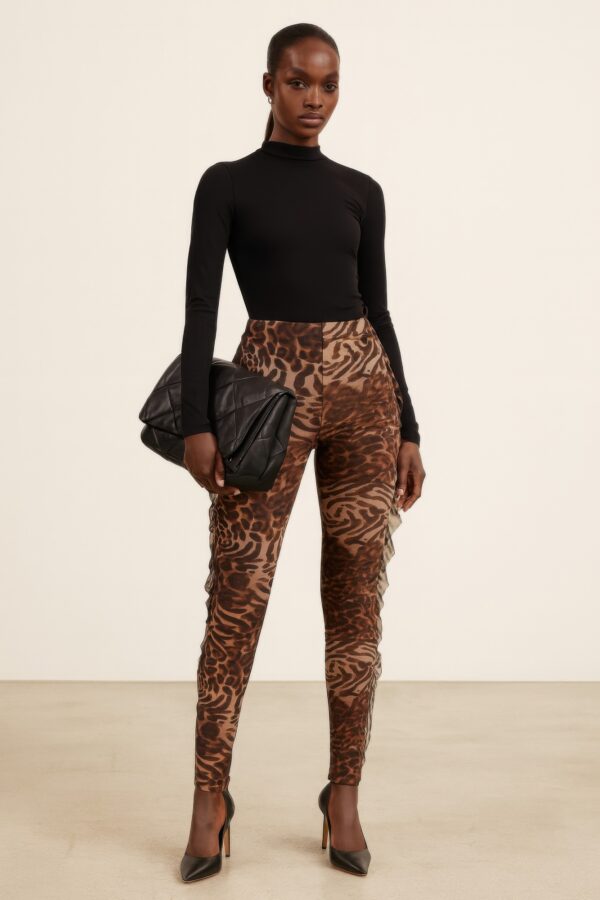 Slim High-Rise Leopard Marble Ruffle Pants