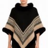 Chevron Poncho with Faux Fur Collar – Black/Tan