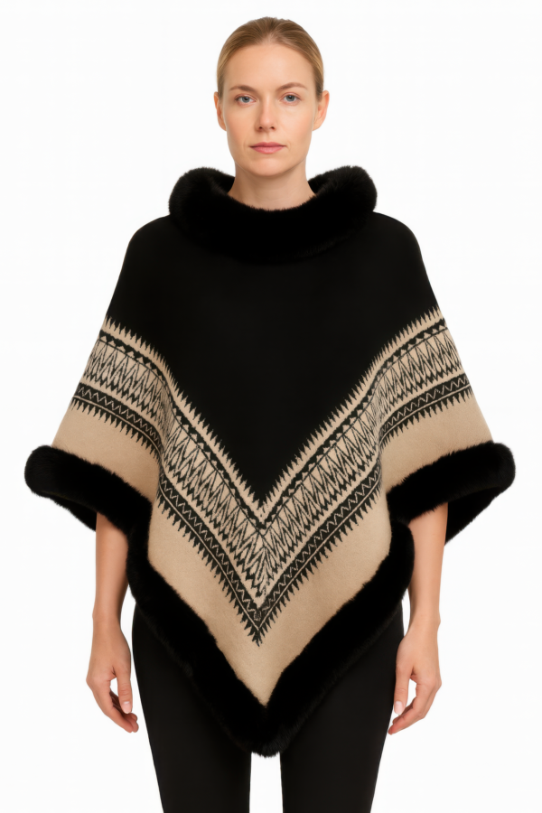Chevron Poncho with Faux Fur Collar – Black/Tan