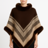 Chevron-Trim Knit Poncho with Faux-Fur Collar