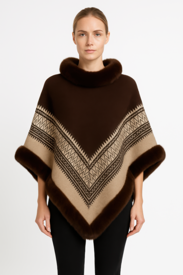 Chevron-Trim Knit Poncho with Faux-Fur Collar