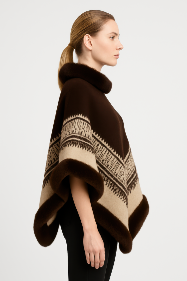 Chevron-Trim Knit Poncho with Faux-Fur Collar