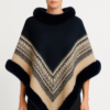 Chevron-Trim Poncho with Faux Fur Collar