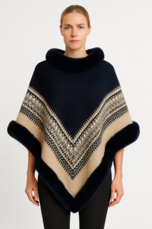 Chevron-Trim Poncho with Faux Fur Collar