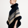 Chevron-Trim Poncho with Faux Fur Collar