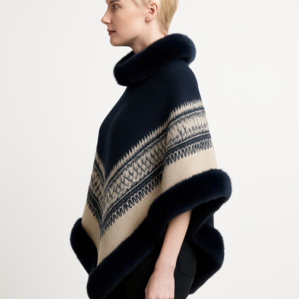 Chevron-Trim Poncho with Faux Fur Collar