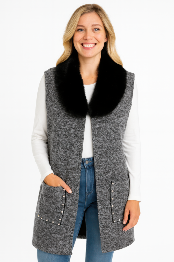 Sleeveless Wool-Blend Vest with Faux Fur Collar – Heather Grey