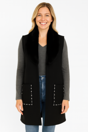 Wool-Blend Sleeveless Vest with Black Faux Fur Collar