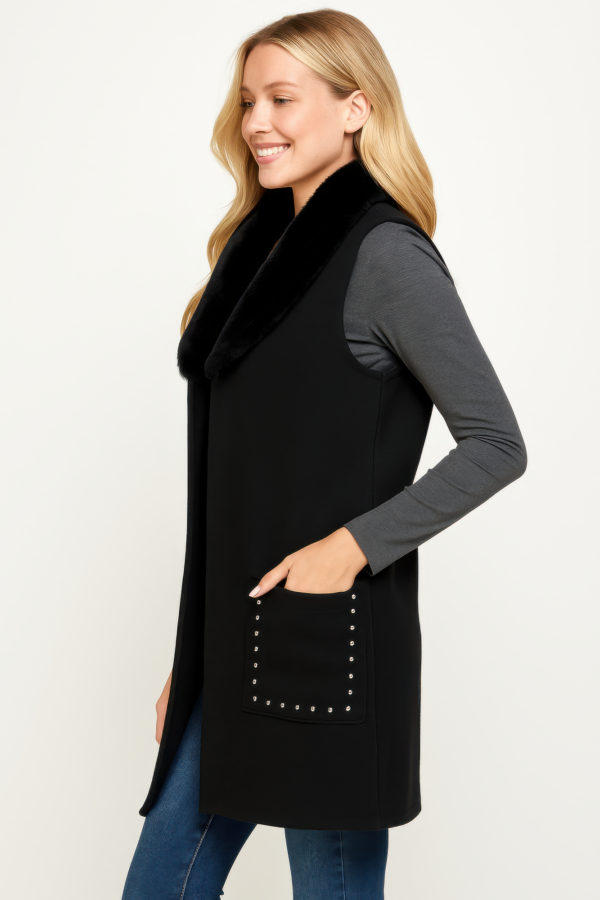 Wool-Blend Sleeveless Vest with Black Faux Fur Collar