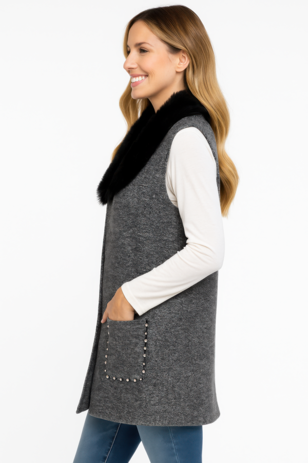 Sleeveless Wool-Blend Vest with Faux Fur Collar – Heather Grey