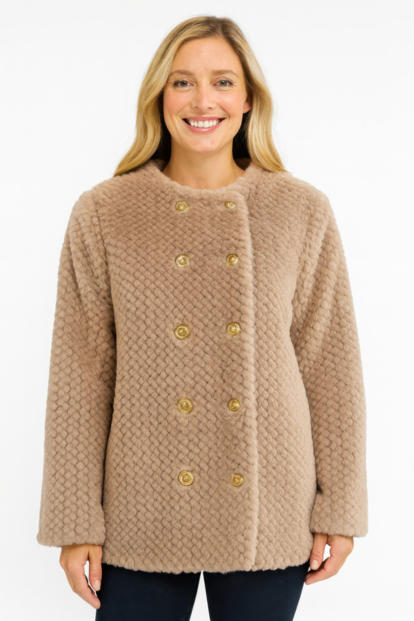 Faux Shearling Jacket with Diamond Texture – Ivory