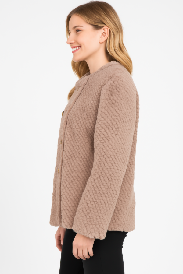 Faux Shearling Jacket with Diamond Texture – Ivory