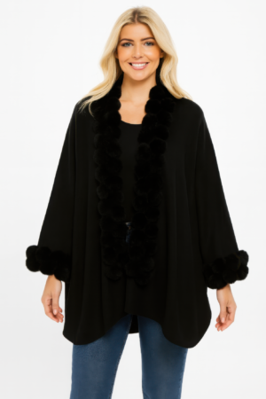 Open-Front Cape with Pom Faux Fur Trim – Ivory