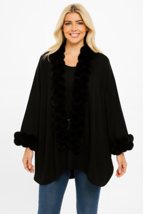 Open-Front Cape with Pom Faux Fur Trim – Ivory
