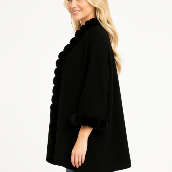 Open-Front Cape with Pom Faux Fur Trim – Ivory
