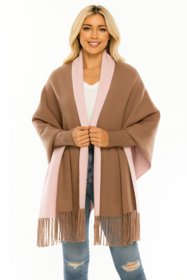 Colorblock Fringe Open Wrap – Teal & Charcoal