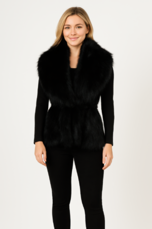 Sleeveless Black Faux Fur Vest with Cinched Waist