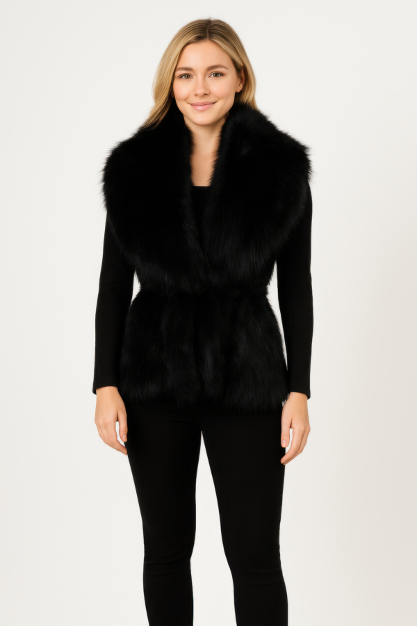 Sleeveless Black Faux Fur Vest with Cinched Waist