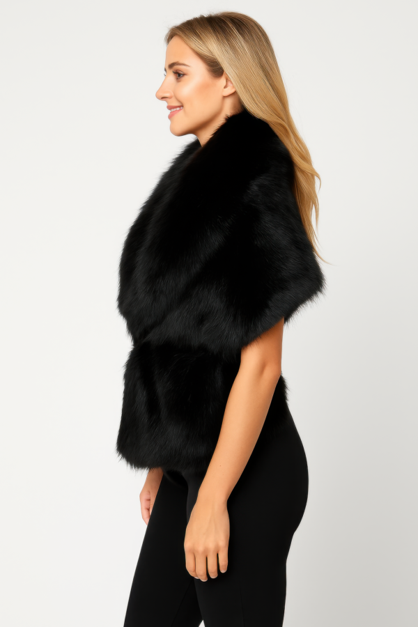 Sleeveless Black Faux Fur Vest with Cinched Waist
