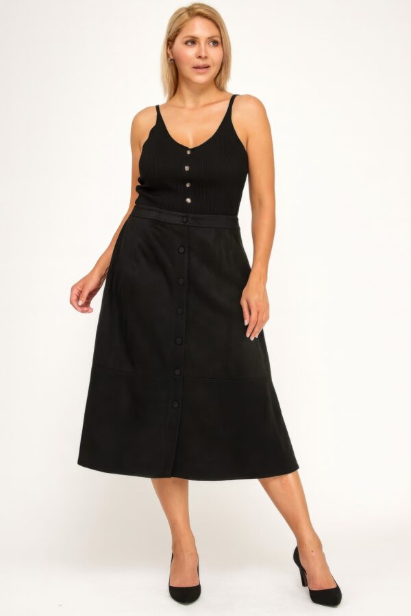Plus Size Faux Suede A-Line Midi Skirt – Button Front