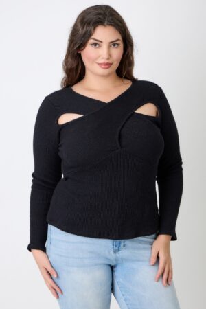 Plus Size Ribbed Cutout Long Sleeve Top – Black
