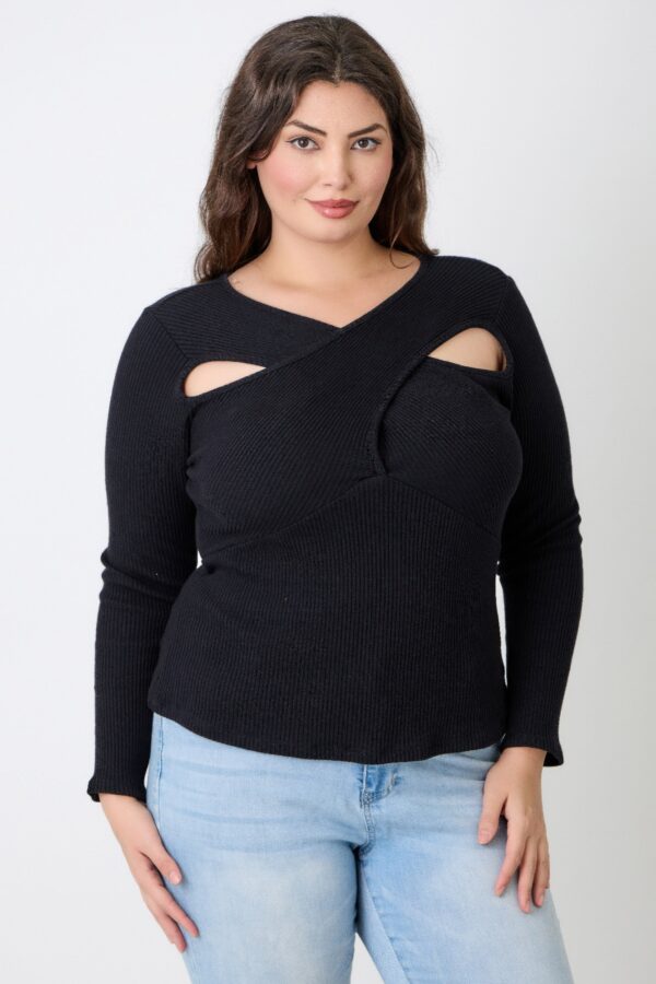 Plus Size Ribbed Cutout Long Sleeve Top – Black