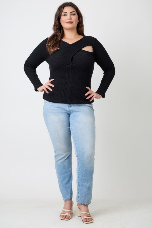 Plus Size Ribbed Cutout Long Sleeve Top – Black