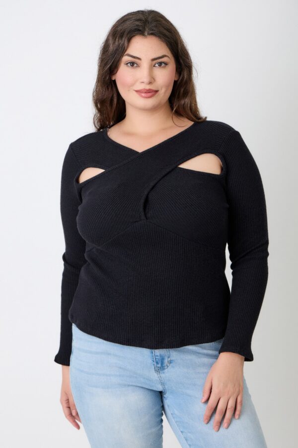 Plus Size Ribbed Cutout Long Sleeve Top – Black
