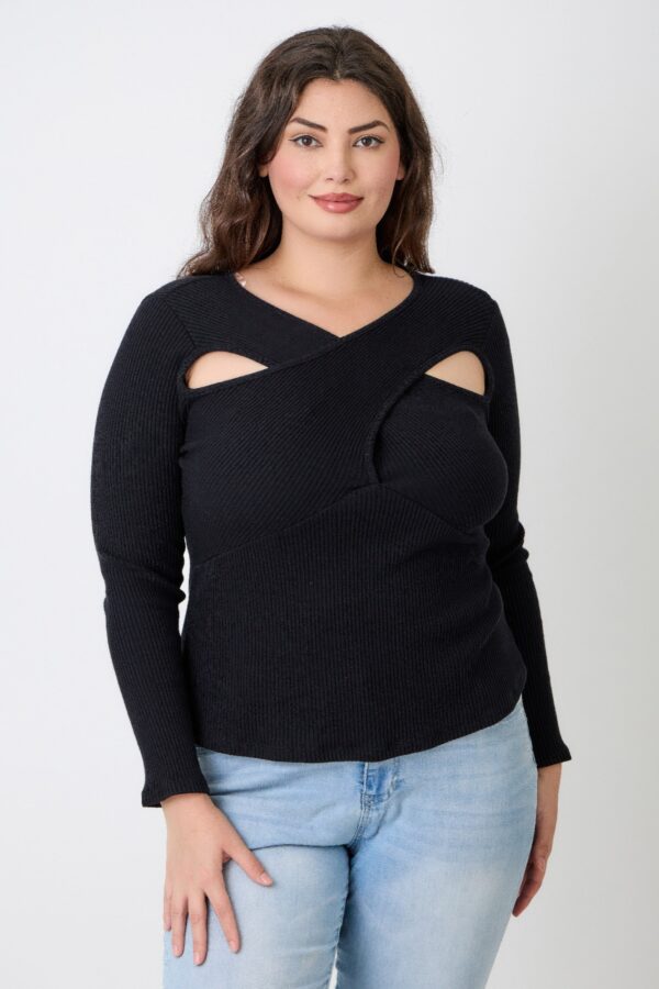 Plus Size Ribbed Cutout Long Sleeve Top – Black