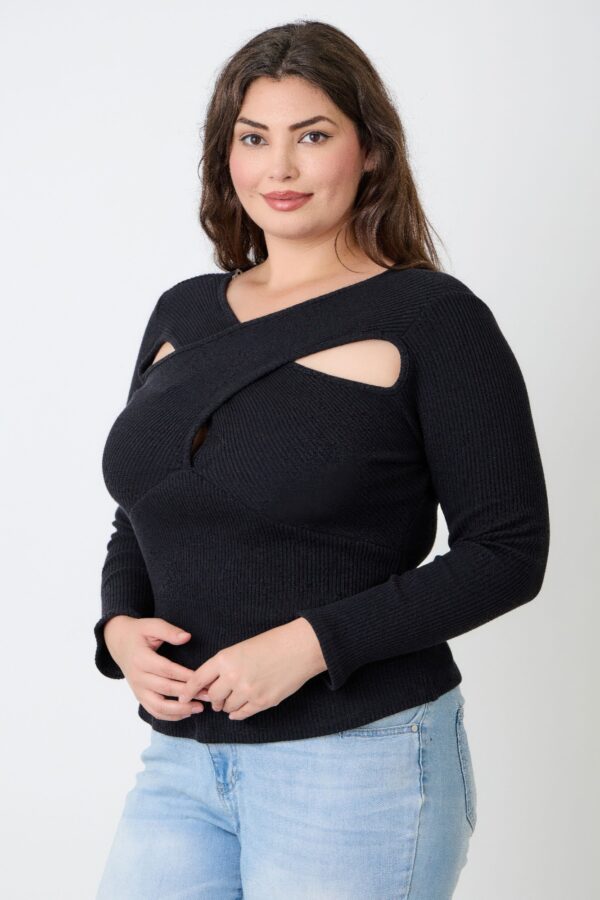 Plus Size Ribbed Cutout Long Sleeve Top – Black